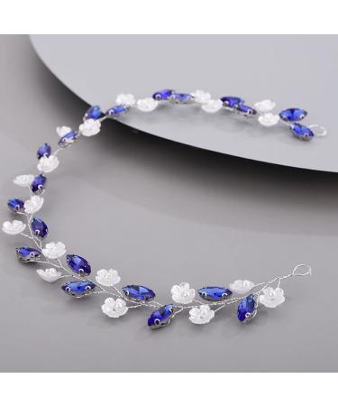 Chargances Bride Flower Rhinestone Headband Wedding Blue Crystal Hair Vine Bridal Prom Hair Accessories for Women and Girls (Blue)