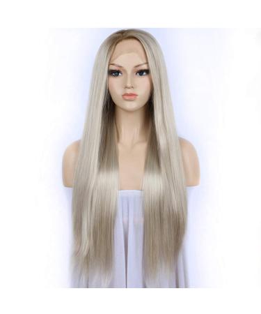 SHIYID Blonde Wig Synthetic Lace Front Wigs For Women Brown Roots Natural Straight Long Light Blonde Platinum Wig Heat