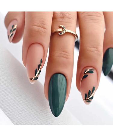 RikView Fall Press on Nails Long Acrylic Nails Almond Fake Nails Green Nails Full Cover Nails For Women Almond Fall