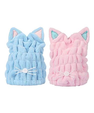 OrangeTag 2Pcs Ultra Absorbent Hair Quick Drying Towel Microfiber Hair Dry Wrap Turban Cute Kitty Ears Cap Bath Tool Hat for Women Girls