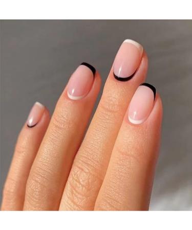 24PCS Simple Black and White Color Contrast French Style Edge Fake Nails Press on Nails Full Cover for Daily Wear Nails 17