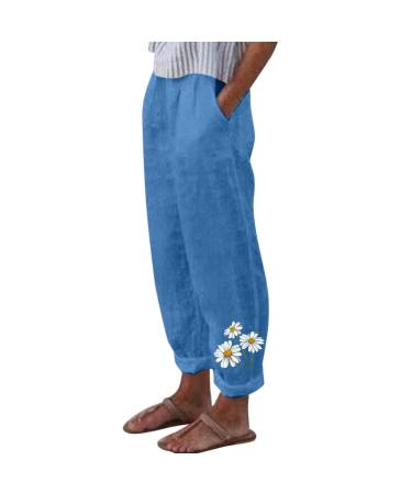 Gufesf Women's Cotton Linen Palazzo Pants Summer Wide Leg Long Trousers with Pockets Crop Pants for Women Dressy Casual Z2-blue Large