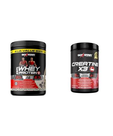 Whey Protein Powder + Creatine Monohydrate | Six Star 100% Whey Protein Plus (Cookies and Cream 4 lbs) and Creatine X3 Powder (Fruit Punch 35 Servings) Cookies & Cream 1.8 kg (Pack of 1) + Powder
