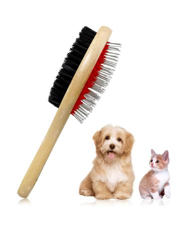 Dog Brush Double Sided Wooden Dog Brushes for Grooming Messaging & Cleaning 2 in 1 Pin & Bristle Soft Pet Hair Brush for Dogs & Cat Long or Short Haired