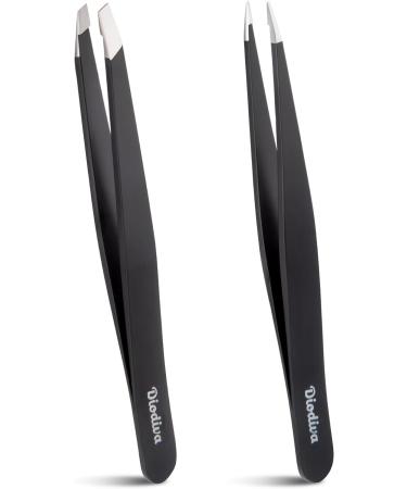 2-Pack Tweezers for Eyebrows, Facial Hair, Ingrown Hair Removal, Slant and Point Tip Tweezer Set for Women and Men, Professional Stainless Steel Precision Eyebrow Plucking Grooming with Case - Black