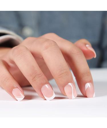 24Pcs Short Square French Press on Nails - White Swirl Design False Nails for Women & Girls - Buy Online on SooperMarket.com