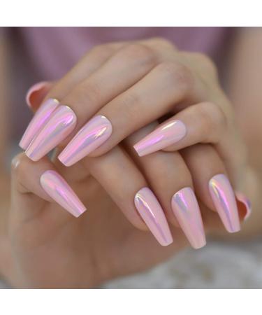 Shiny Holographic Pink Almond Press-On Nails | Long Reflective Ballerina Coffin Tips - L5672 - Buy Online on SooperMarket.com