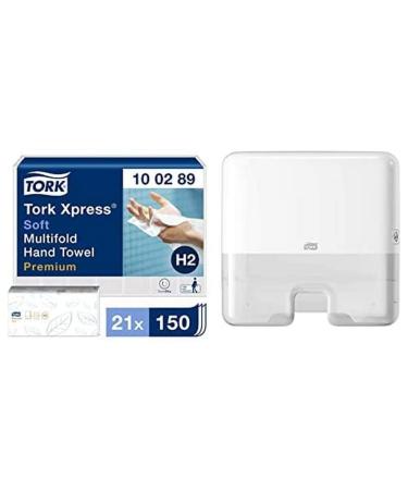 Tork XPress soft multifold paper towels 100289-H2 Premium folding towels 2-layer white & xpress mini dispenser for multifold paper towels 552100 compact H2 towel dispenser white 2-part set bundle with mini donor