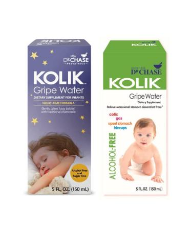 Dr. Chase Kolik Gripe Water Bundle - Nighttime & Alcohol Free All-Day Baby Colic Relief - Gripe Water for Babies & Infants - Baby Gas Relief for Cramps Stomach Discomfort & Hiccups - 2-Pack