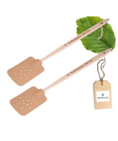 2x Hofmeister fly clapes beech wood & leather 47.5 cm from Europe with saying: hit rate 100% !!! practical mosquito racket for insect catching flap hit rate 100% 2
