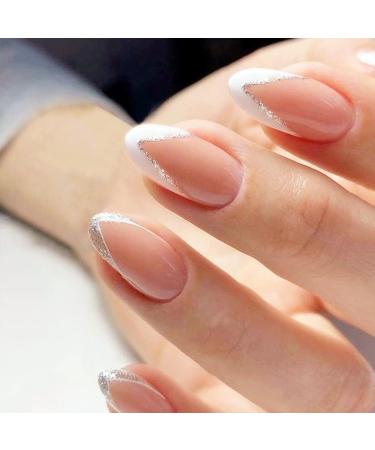 24Pcs French False Nails White Tip - Medium Square Fake Nails French Tip Press on Nails Glue-on Nails Full Cover French Tip White & Glitter Silver Edge Designs for Women Girls (Glitter Silver Edge)