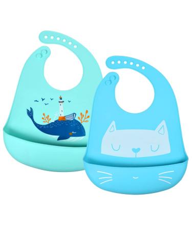 Vicloon Silicone Baby Bib 2PCS Baby Weaning Bibs Adjustable Waterproof Baby Feeding Bibs with Food Catcher Pocket Unisex Soft and Easily Wipe Clean for Infant Toddler Cat & Whale Blue