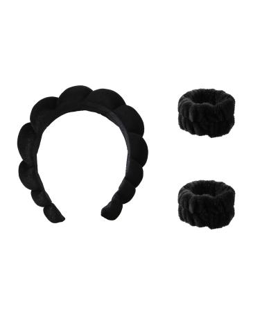 Spa Headband Wrist Washband Wash Set Puffy Headband Bubble Headband for Women Girls Makeup Headband and Wristband for Skincare makeup headband for Washing Face Shower Black