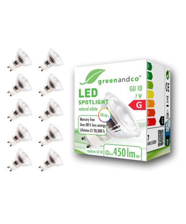 Greenandco 10x CRI 90+ GU10 LED spot 7W 450 LM 36 4000K neutral white 230V flicker -free not dimmable 2 years guarantee 7W 4000K 36 10 pieces (1 Pack)