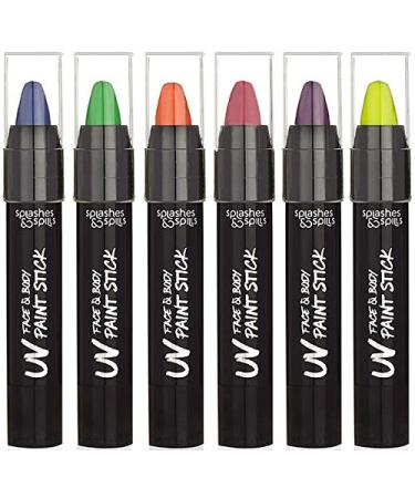 UV Face and Body Paint Sticks - Costume Halloween and Club Makeup - Safe for all Skin Types - Easy On and Off - by Splashes & Spills (6 Pack)