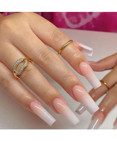 RikView Long Press on Nails French Acrylic Nails Gradient Nude Press on Nails Coffin Fake Nails Pink Nails Glossy Nails Square French L