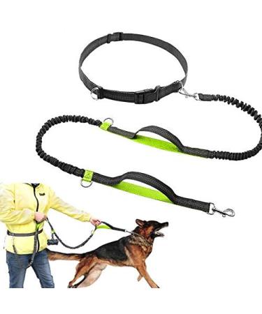 Hands Free Running Dog Lead/Dual-Handle Dog Leash Bungee - Reflective with Double Sided Lined Pouch Great for Handsfree Running Jogging or Walking (Green)