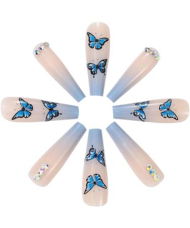 Brishow Butterfly Coffin False Nails - 24pcs French Long Acrylic Stick on Nails, Blue Assortment for Women and Girls - Buy Online on SooperMarket.com