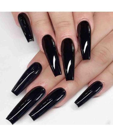 Outyua Super Long Fake Nails Coffin Glossy Press on Nails Ballerina Acrylic Designer False Nails Tips Artificial Full Cover Nail with Design for Women and Girls 24Pcs (Black)