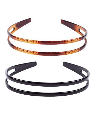 mollensiuer 2Pcs Simple and Fashion Double-layer Plastic Headbands Fine Tooth Hairband Hair Hoop Hair Acessories for Women's Lady Girls (Black +Brown)