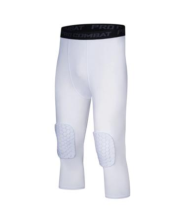 Huimingda Basketball Pants with Knee Pads Boys Girls Padded Anti-Collision Tights Sports Legging White 9-10 Years