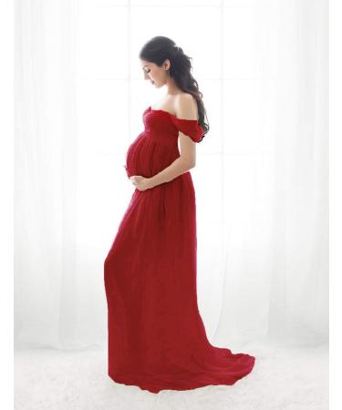 FEOYA Maxi Maternity Dress Chiffon Lace Strapless Gown | Red | Split Front | Photography | Full Length - Buy Online on SooperMarket.com