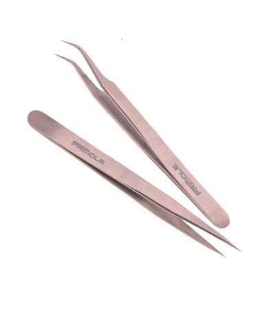 Primole Eyelash Extension Tweezers Straight and Lash Tweezers Curved - Set of 2, Stainless Steel Extension Precision Tweezers, Volume Lash Tweezers for Eyelash Extensions Eyelash Tweezers (Rose-Gold) Rosegold