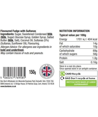 Bon Bon's Gourmet - Fruit Cake Fudge Bag Handmade British Fudge 150g - Buy Online on SooperMarket.com