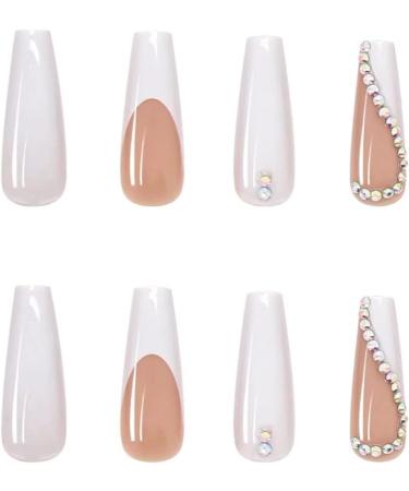 White French Fake Nails with Rhinestones and Sequins | Long Stick on False Nails Art Kit - Buy Online on SooperMarket.com