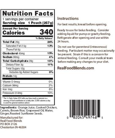 Real Food Blends Orange Chicken Carrots & Brown Rice 9.4 oz Pureed Meal for Feeding Tubes - Pack of 12 Pouches - Buy Online on SooperMarket.com