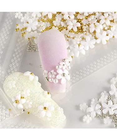 3D Flower Caviar Beads Nail Art Decals - White Pink Acrylic Charms with Pearl Beads for DIY Manicures - Buy Online on SooperMarket.com