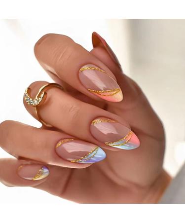 24 Pcs Line Press on Nails Short  Oval Shape Fake Nails Almond Glossy Short False Nails Gradient French Stripe Wave Glue on Nails Artificial Finger Manicure Press on Nails for Women and Girls A-7