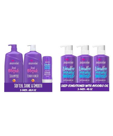 Aussie Total Miracle Shampoo Conditioner and 3 Minute Miracle Treatment Bundle Pack & Deep Conditioner for Dry Hair with Avocado and Jojoba Oil 3 Minute Miracle Moist Paraben Fr