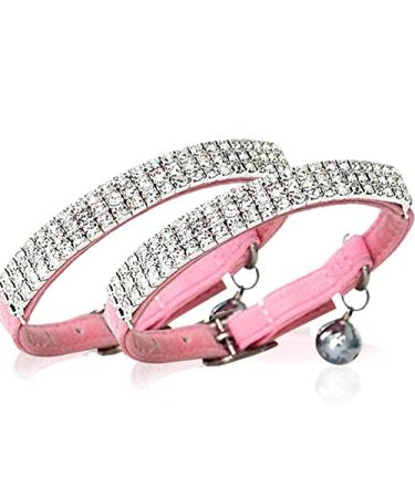 Chukchi cat collar made of soft velvet adjustable with glittering stones and bells 27.9 cm for small dogs and cats pink 2 pieces