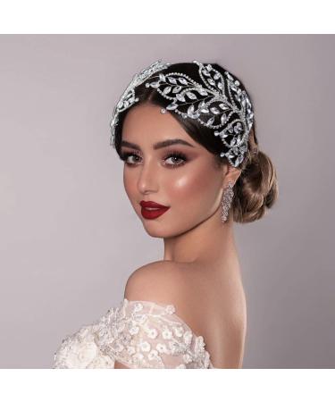 WONRLUA Wedding Headpiece for Bride  Rhinestone Bridal Headband Wedding Hair Accessories for Brides Silver