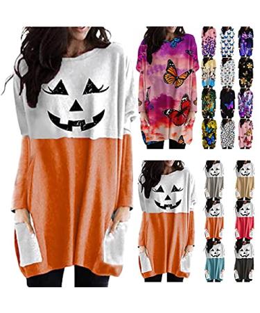 Color Block Tunic Dress for Women Pumpkin Face Print Sweatshirt Colorful Butterfly Print Shirt Halloween Top with Pocket 2-orange Small