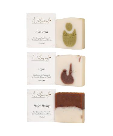 3x natural cilt mix set soap - gift set - 100% natural soap - without questionable ingredients - certified - handmade - shower soap for all skin types - shower gel mix aloe vera argan oats honey 100 g (3 Pack)