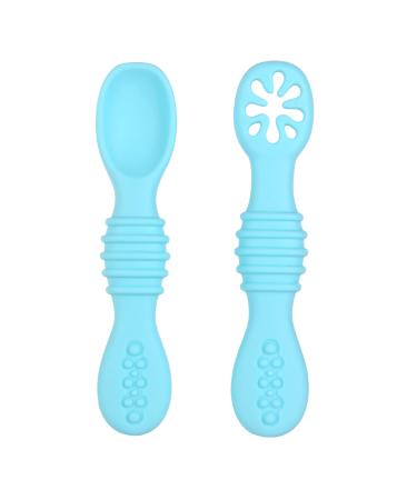 Vicloon Baby Fork and Spoon Set 2Pcs Silicone Spoon Baby Weaning Spoon Set Self Feeding Utensil Easy Grip Soft Baby Spoon Toddler Cutlery Kit for Infant Toddler Children First Led Training Weaning Blue