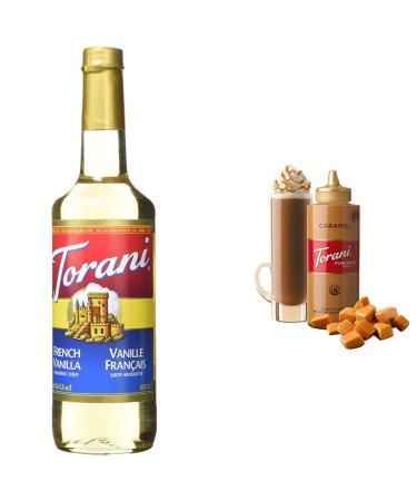 Torani French Vanilla Flavour Syrup 750ml & Caramel Squeeze Sauce 16.5 Fluid Ounce French Vanilla Syrup + Squeeze Sauce 750.0 ml (Pack of 1)