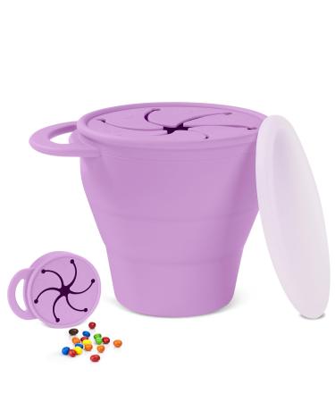 Vicloon Collapsible Silicone Baby Snack Cup Baby Snack Cup Silicone Snack Cup Non Spill Snack Pot for Baby Snack Catcher Food Cup with Lid Snack Pot for Toddler (Purple)