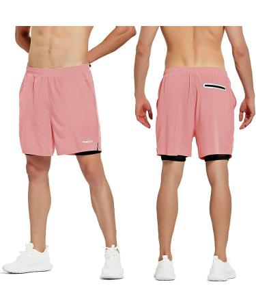 TENJOY Men's 2 in 1 Running Shorts - Quick Dry Gym Athletic Workout Shorts in Light Pink - Medium Size - Buy Online on SooperMarket.com