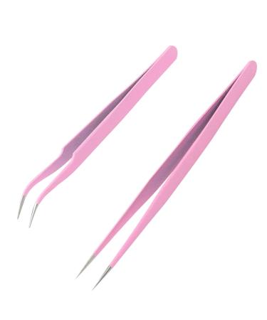 Sularpek 2 Pcs Tweezers Eyebrow Tweezers Eyelash Tweezers Stainless Steel Straight and Curve Tip Tweezers Ingrown Hair and Facial Hair Remover for Craft Makeup Tools (Pink)