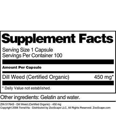 Certified Organic Dill Weed Capsules - 450mg (100 Capsules) | High-Quality | Non-GMO | ZIN 517643 - Buy Online on SooperMarket.com