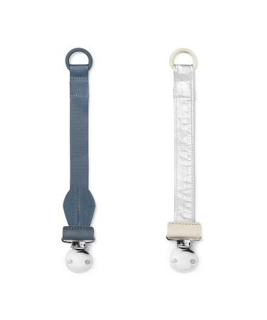 Elodie details pacifier chain 2 Pack made of fabric and stainless steel clip for baby boy and girls universal silicone ring suitable for all pacifier - tender blue bunny/stone silver blue