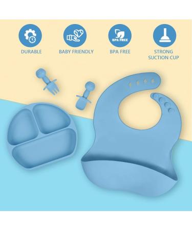 Vicloon Silicone Baby Feeding Set | 4 Pcs Weaning Suction Plate, Bib, Spoon & Fork | BPA-Free Toddler & Kids Plate Set | Divided Plate | Gift for Kids - Blue - Buy Online on SooperMarket.com