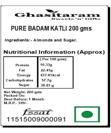 Ghasitaram Gifts Bhaidooj Gifts for Brothers - Pure BADAM KATLI 200 GMS - Buy Online on SooperMarket.com