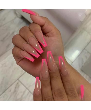 Outyua Hot Pink French Press on Nails with Designs Glossy Extra Long Fake Nails Coffin False Nails Full Cover Acrylic Nails 24Pcs (Glossy)