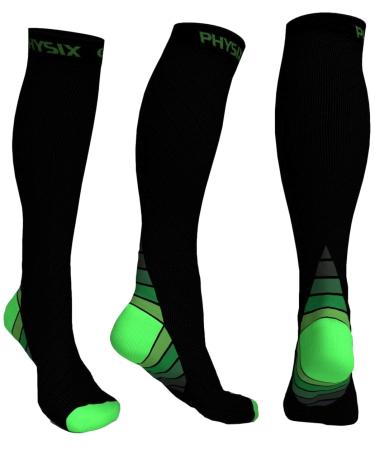 Physix Gear Compression Socks for Men & Women (20-30 mmhg) Best Graduated Athletic Fit for Running Nurses Shin Splints Flight Travel & Maternity Pregnancy - Boost Stamina Circulation & Recovery XXL Black - Green