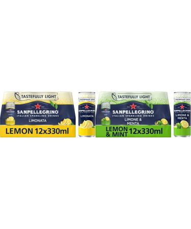 San Pellegrino Italian Tastefully Light Sparkling Lemon Canned Soft Drink 12 x 330ml | 73k Cals per Can & San Pellegrino Italian Tastefully Light Sparkling Lemon & Mint Canned Soft Drink 12 x 330ml