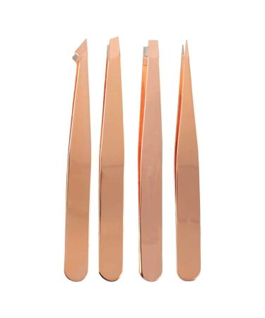 4-piece sets of eyebrow tweezers pointed and angled tweezers with leather look protective case gold